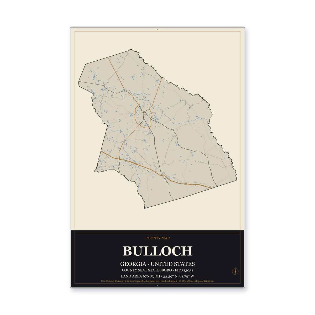 Bulloch County, Georgia Map Aluminum Sign in Museum Plaque style