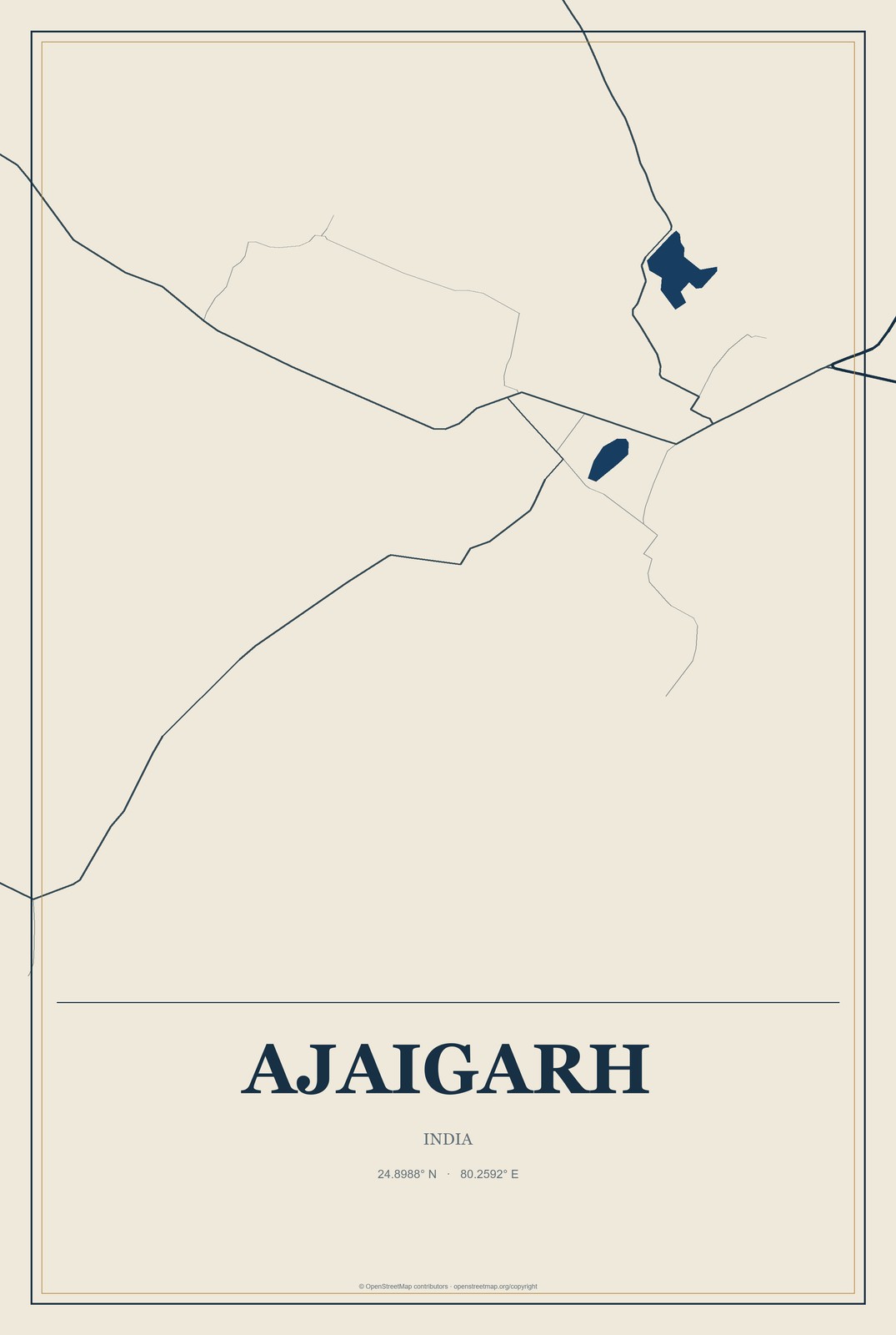 Ajaigarh, India City Map Aluminum Sign in Coastal Cutout style