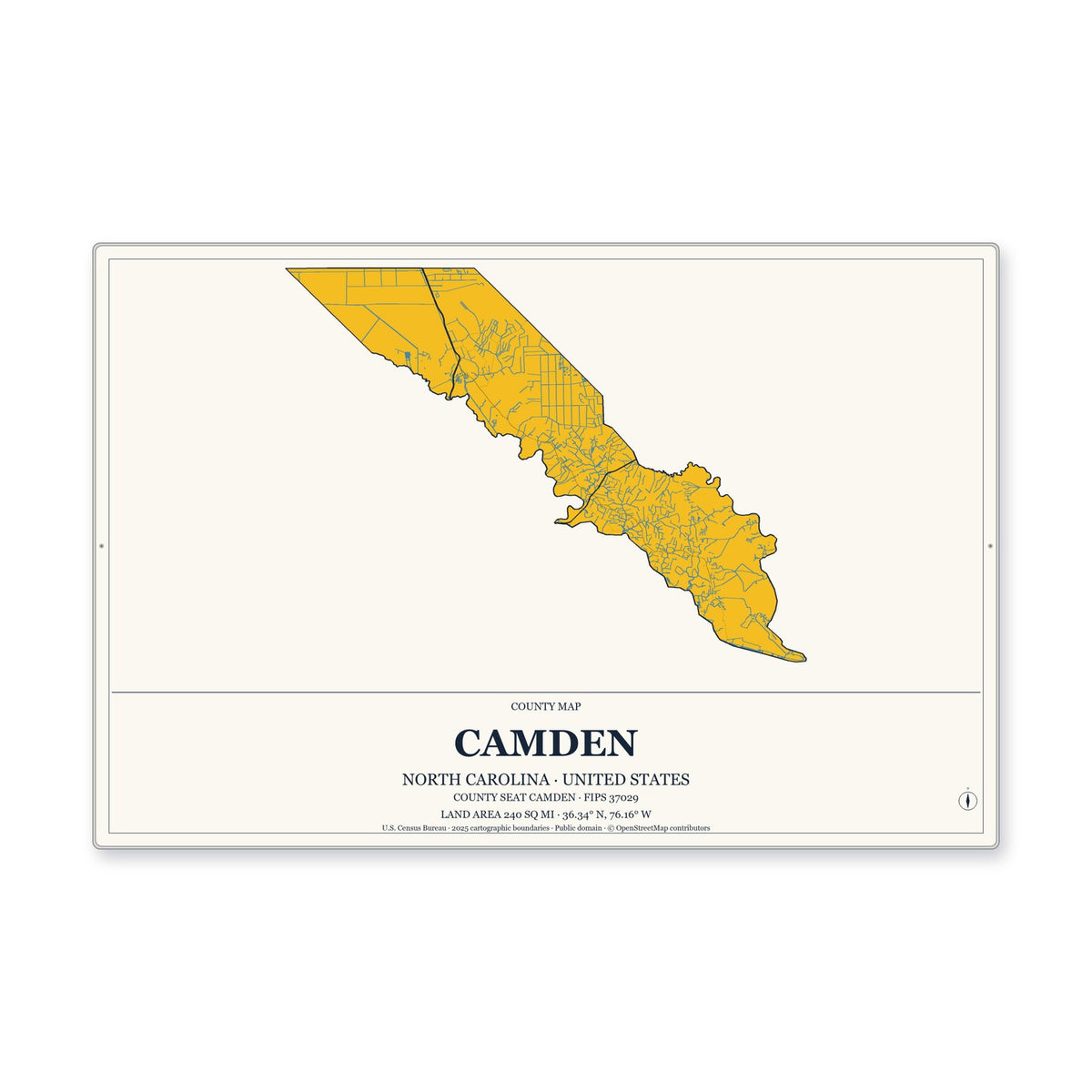 Camden County, North Carolina Map Aluminum Sign in Citrine Modern style