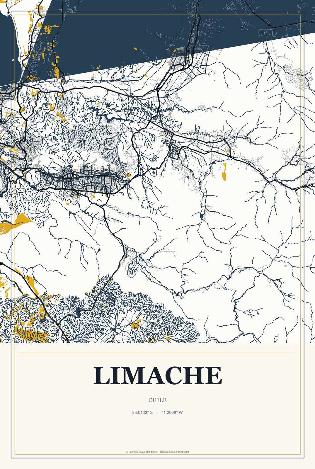Limache, Chile City Map Aluminum Sign in Citrine Modern style