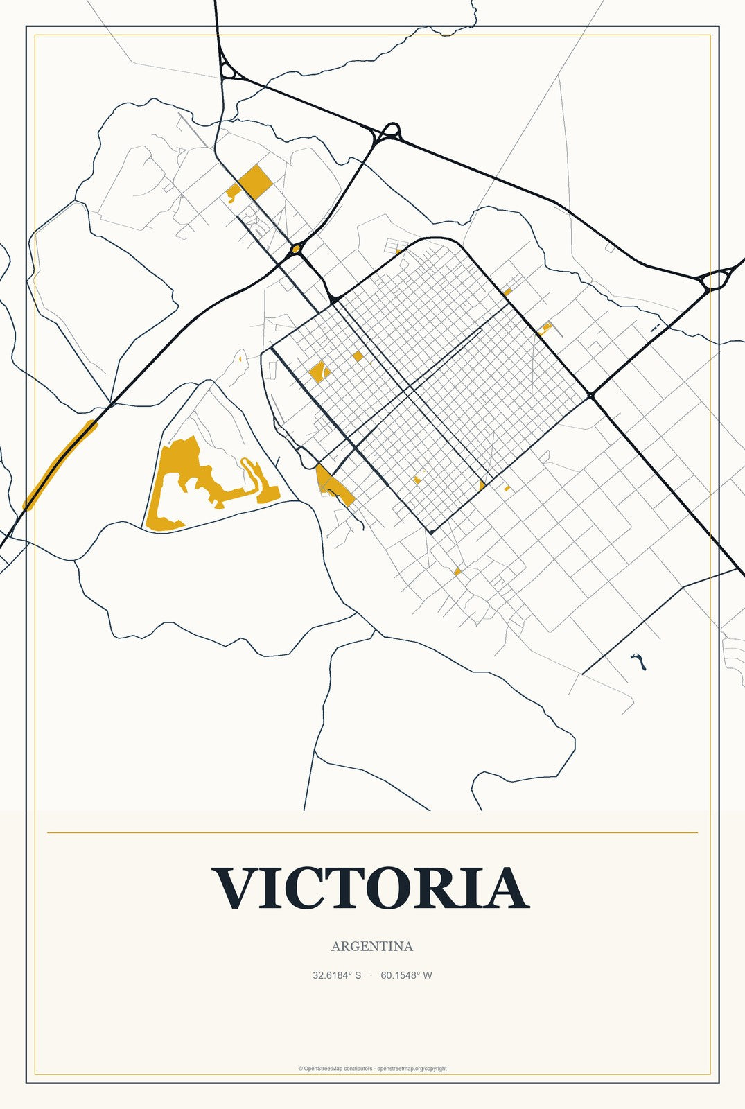 Victoria, Argentina City Map Aluminum Sign in Citrine Modern style