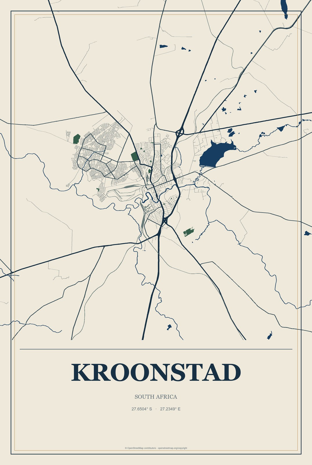 Kroonstad, South Africa City Map Aluminum Sign in Coastal Cutout style