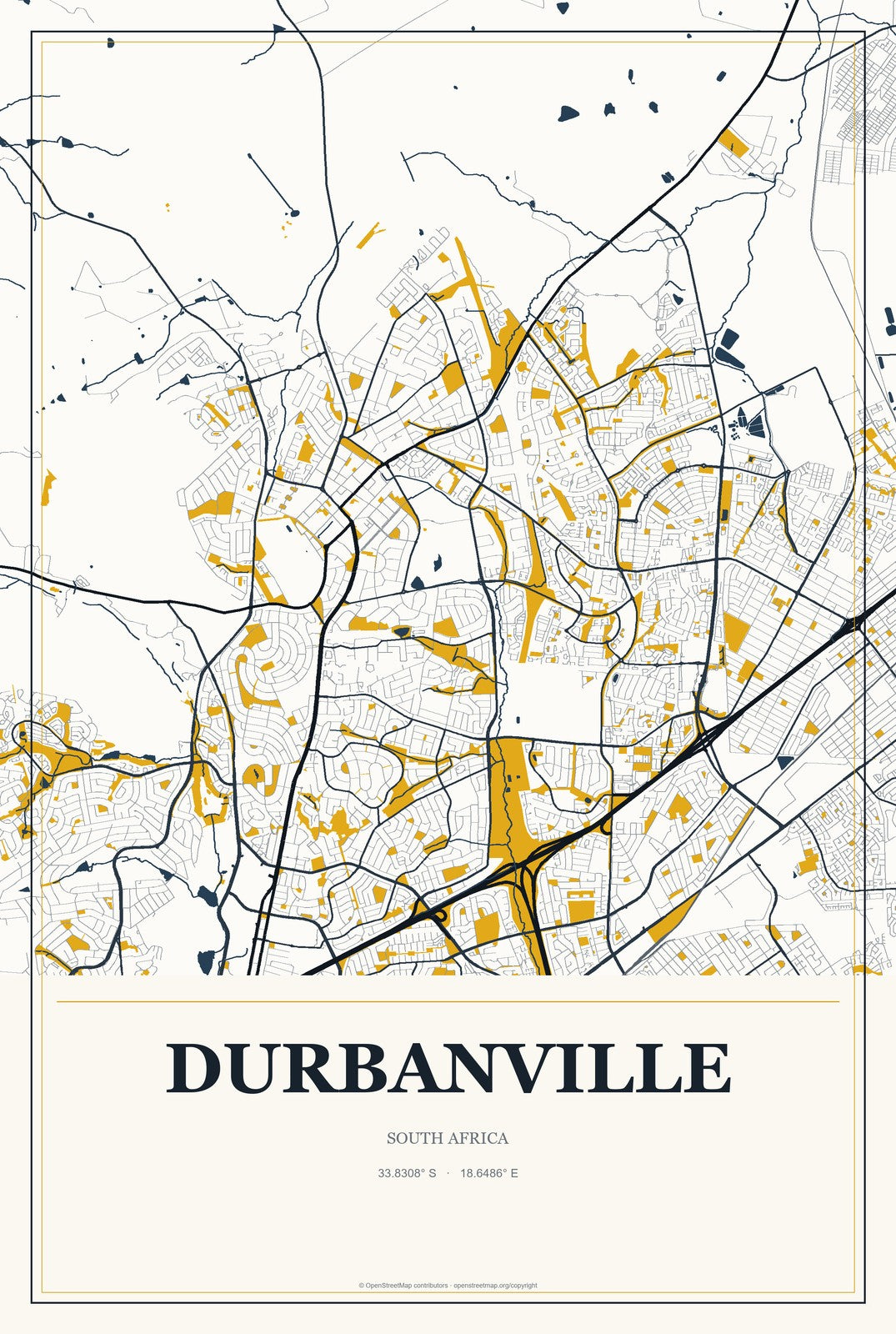 Durbanville, South Africa City Map Aluminum Sign in Citrine Modern style
