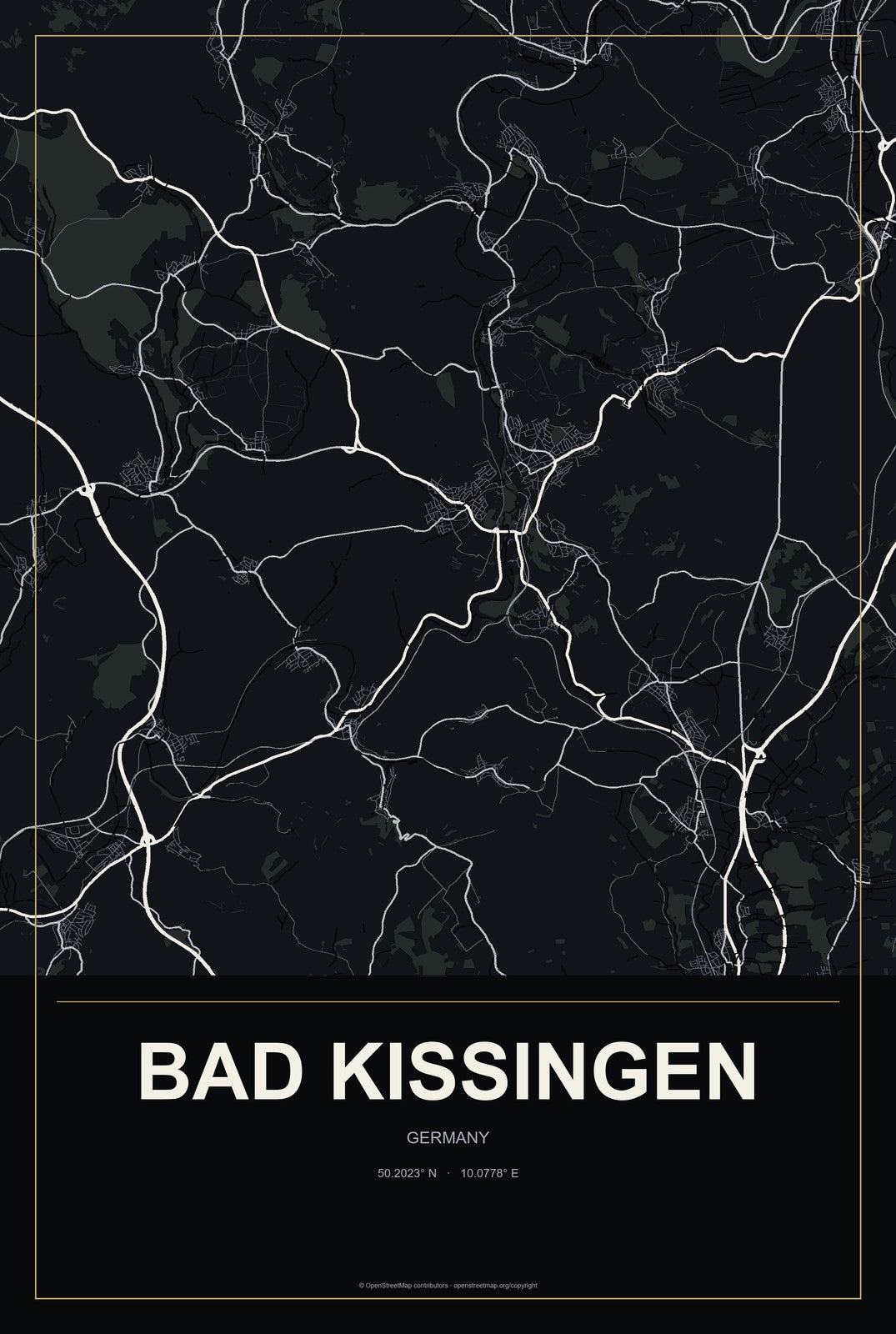 Bad Kissingen, Germany City Map Aluminum Sign in Metropolitan Noir style