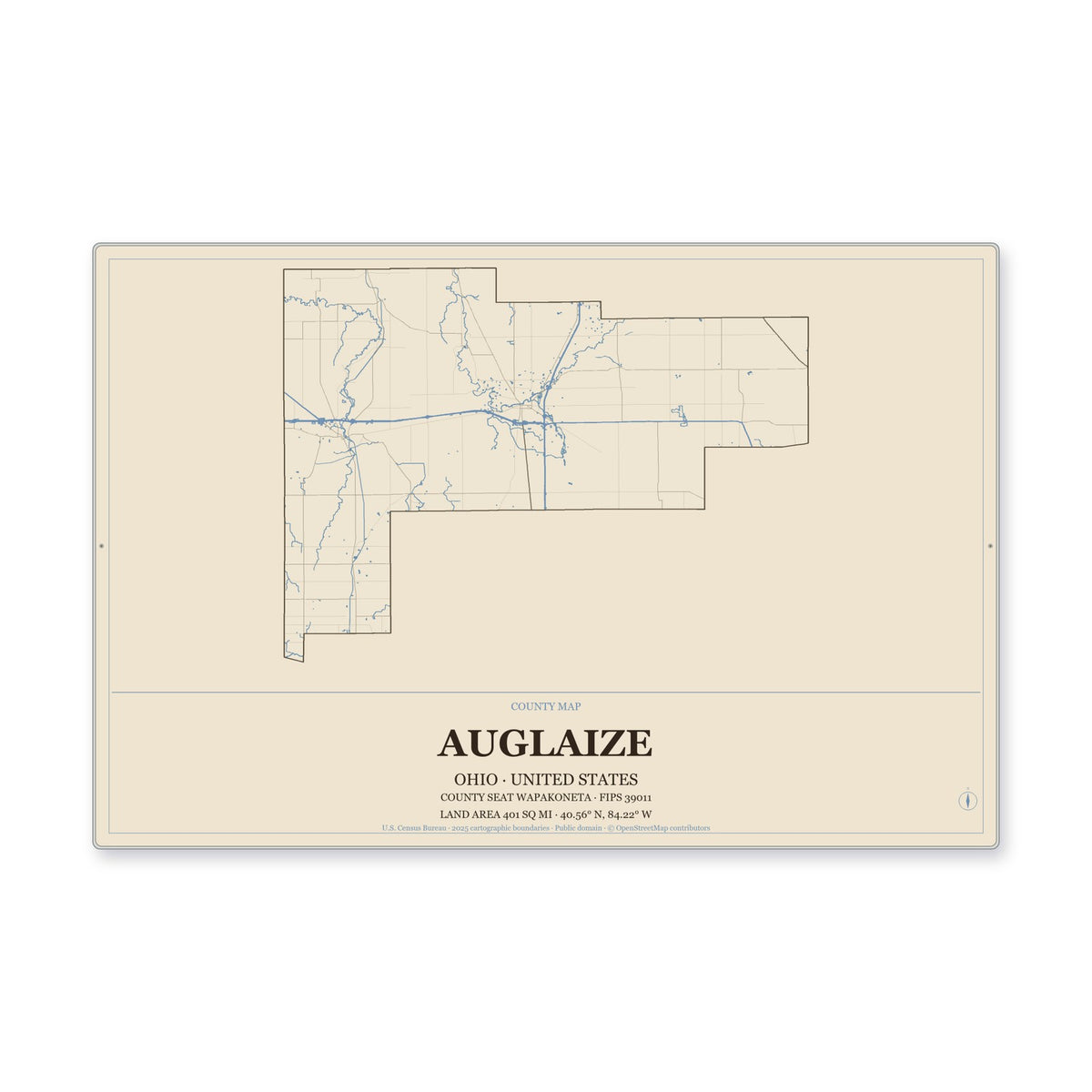 Auglaize County, Ohio Map Aluminum Sign in Heritage Nautical style