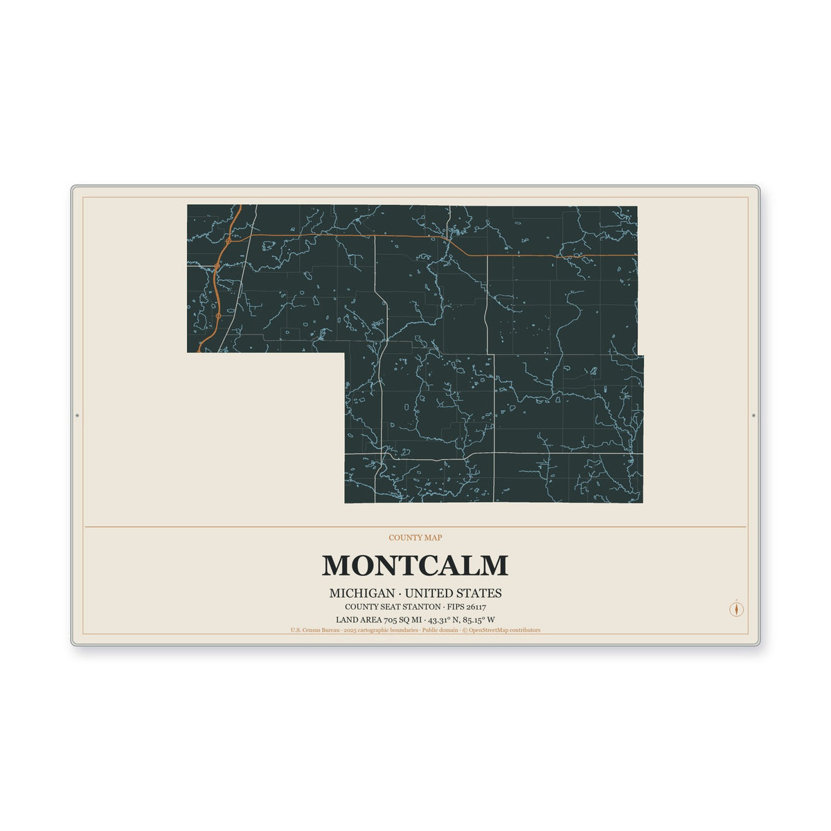 Montcalm County, Michigan Map Aluminum Sign in Headline Atlas style