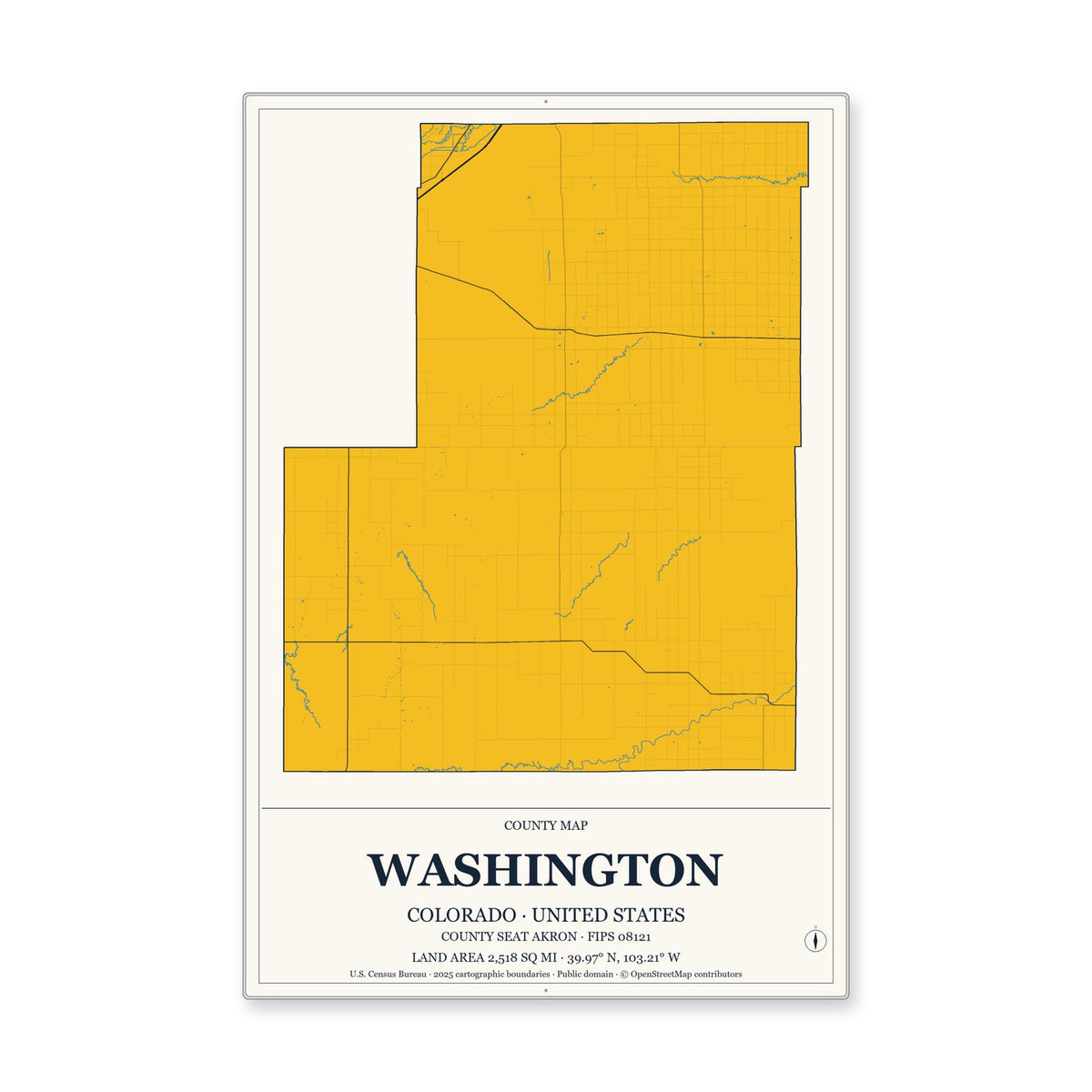 Washington County, Colorado Map Aluminum Sign in Citrine Modern style