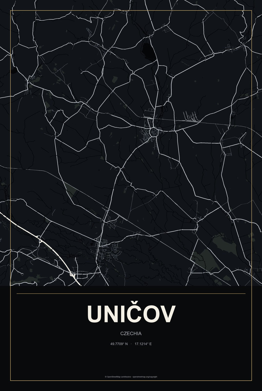 Uničov, Czechia City Map Aluminum Sign in Metropolitan Noir style
