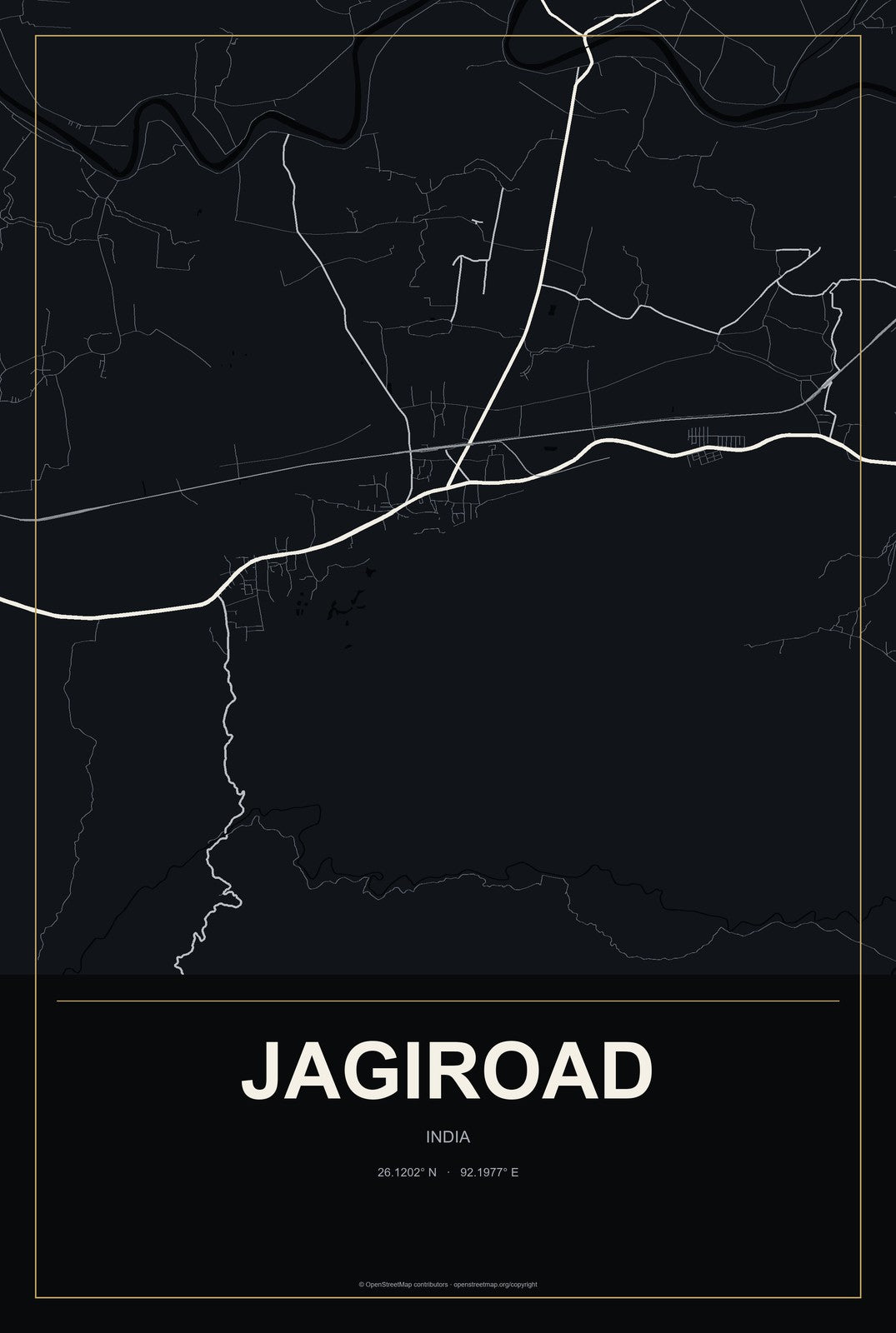 Jagiroad, India City Map Aluminum Sign in Metropolitan Noir style