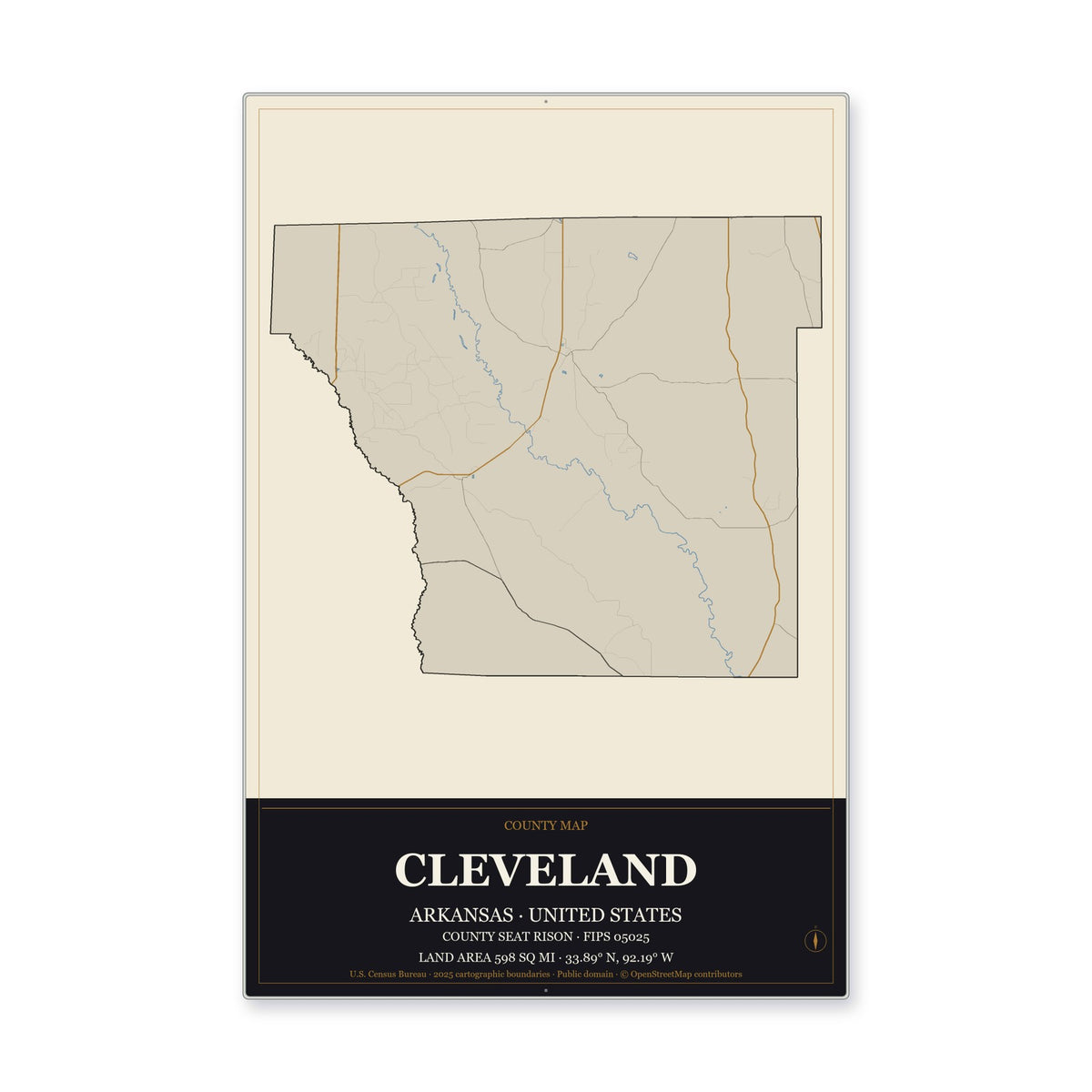 Cleveland County, Arkansas Map Aluminum Sign in Museum Plaque style