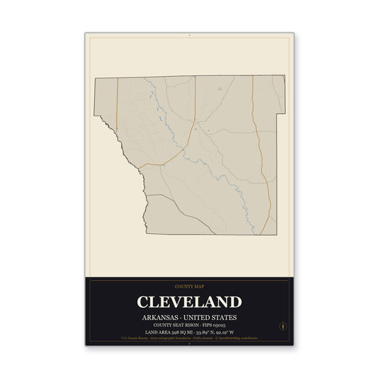 Cleveland County, Arkansas Map Aluminum Sign in Museum Plaque style