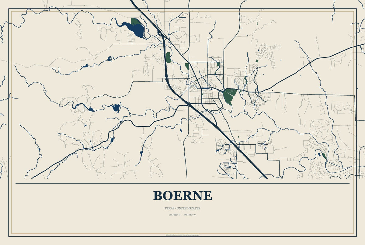 Boerne, Texas City Map Aluminum Sign in Coastal Cutout style
