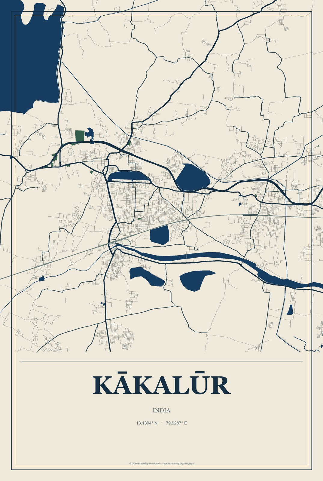 Kākalūr, India City Map Aluminum Sign in Coastal Cutout style