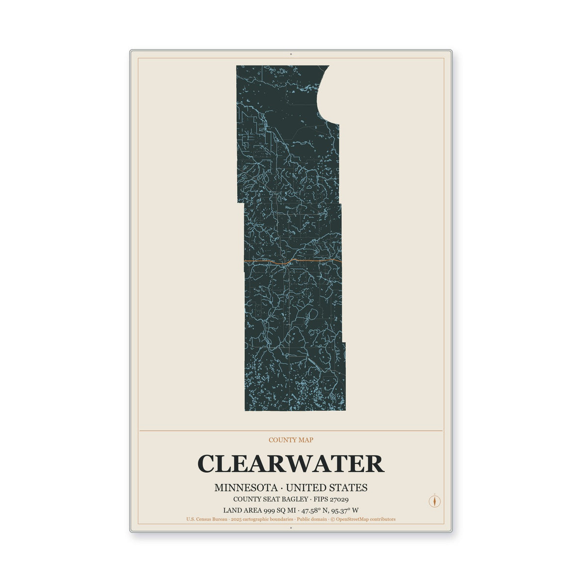 Clearwater County, Minnesota Map Aluminum Sign in Headline Atlas style