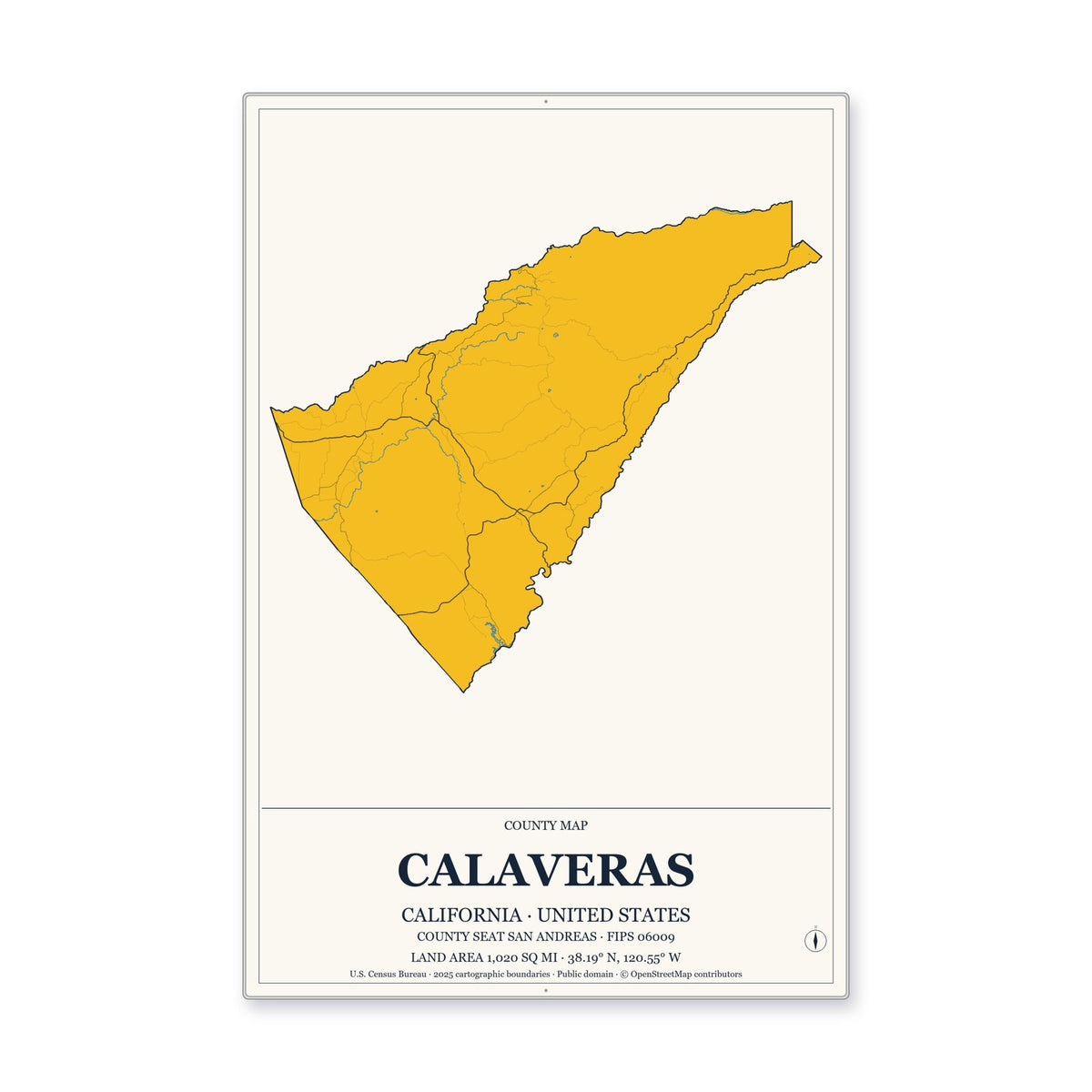 Calaveras County, California Map Aluminum Sign in Citrine Modern style
