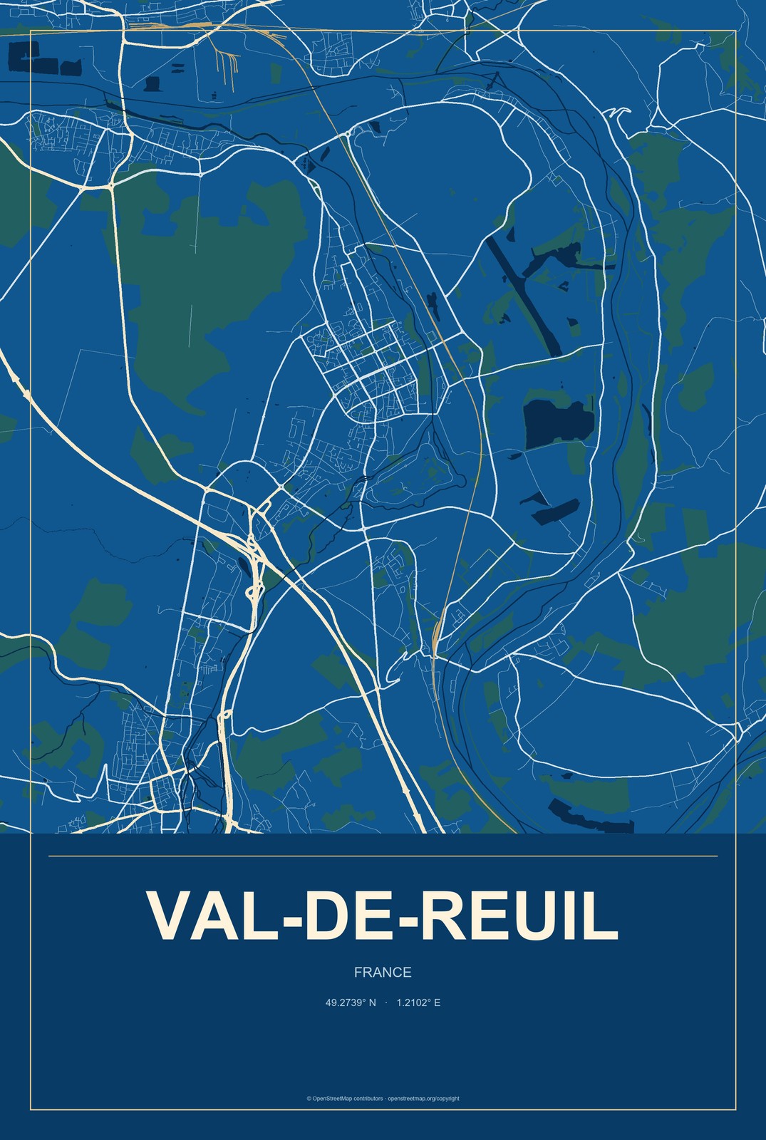 Val-de-Reuil, France City Map Aluminum Sign in Harbor Cobalt style