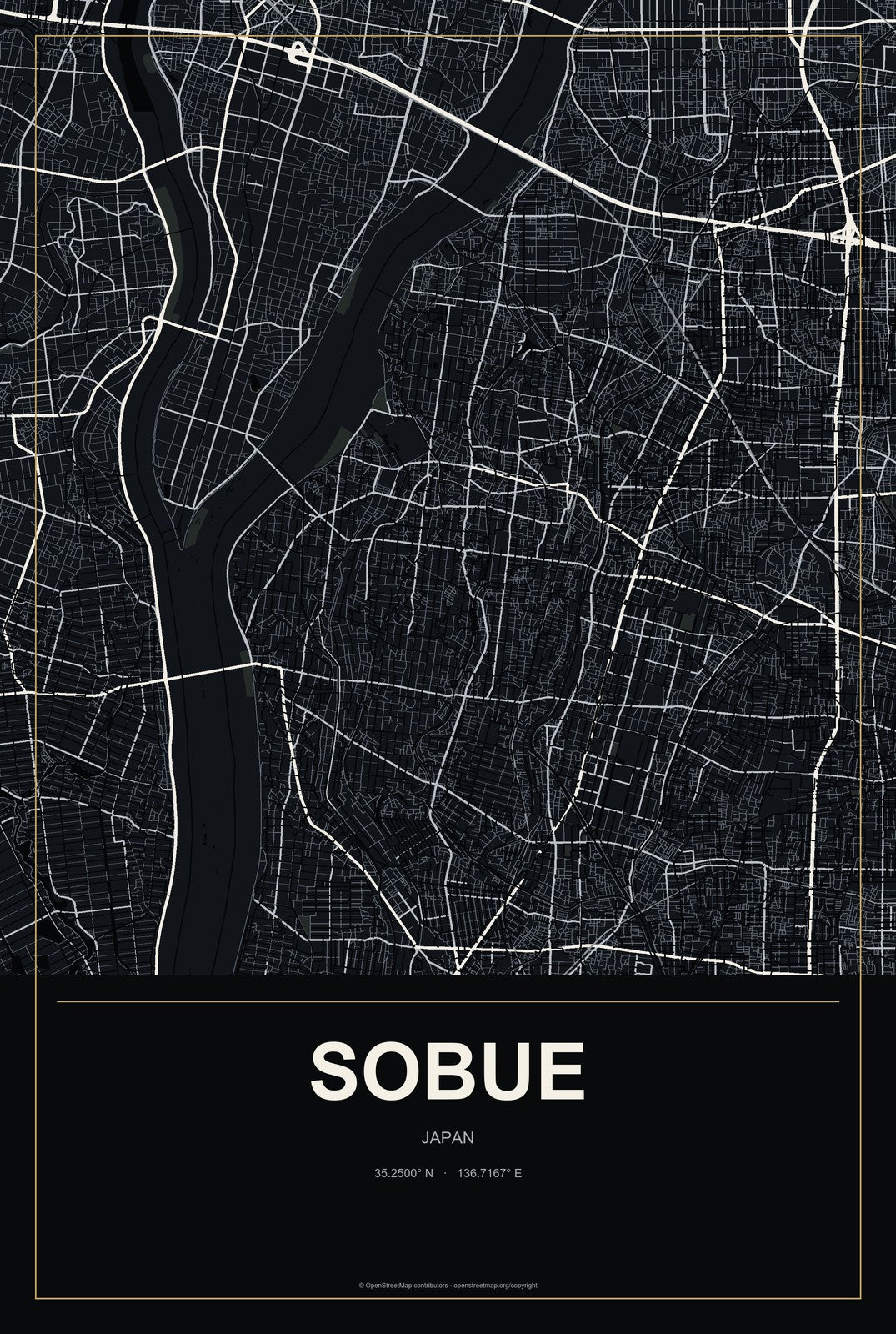 Sobue, Japan City Map Aluminum Sign in Metropolitan Noir style