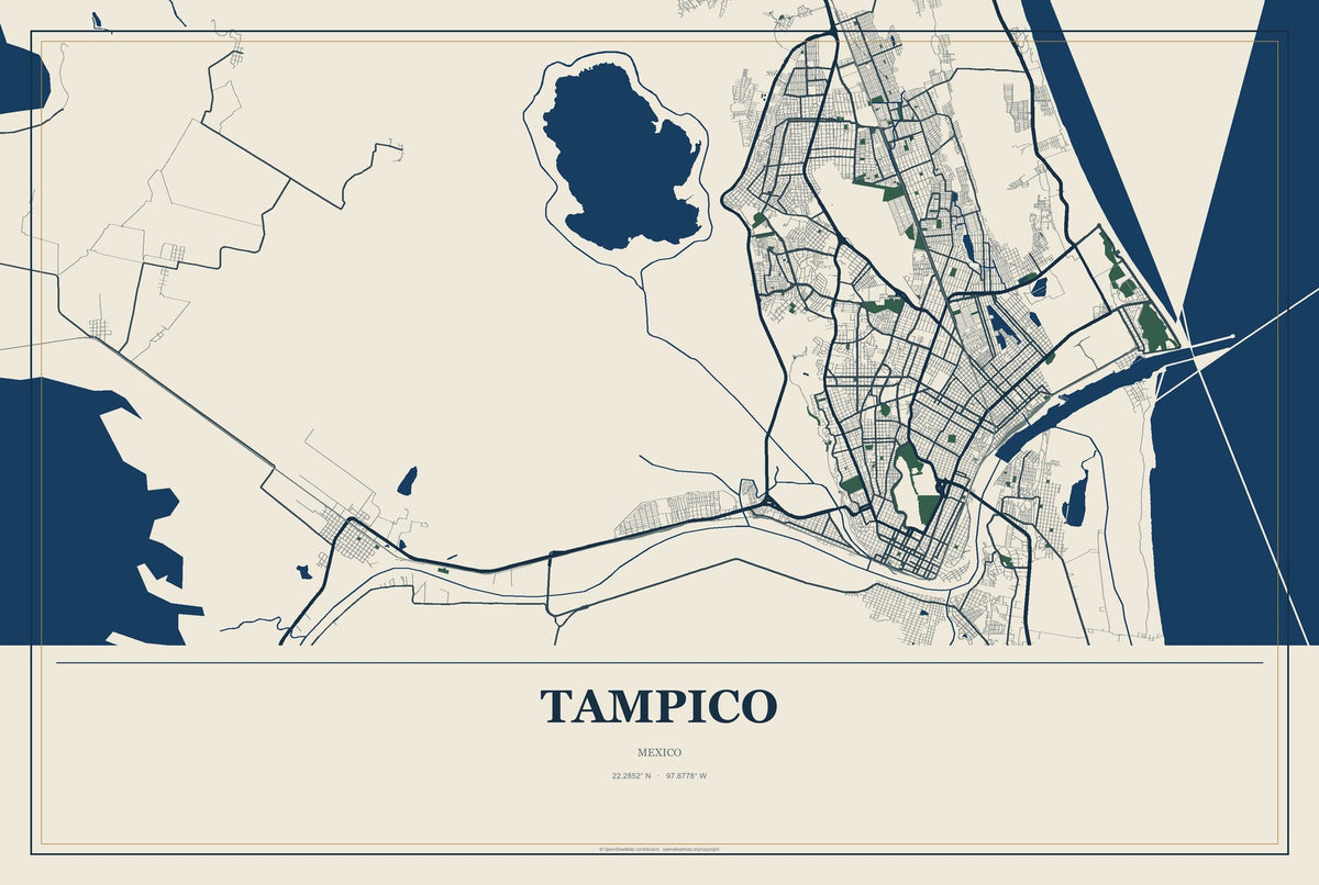 Tampico, Mexico City Map Aluminum Sign in Coastal Cutout style
