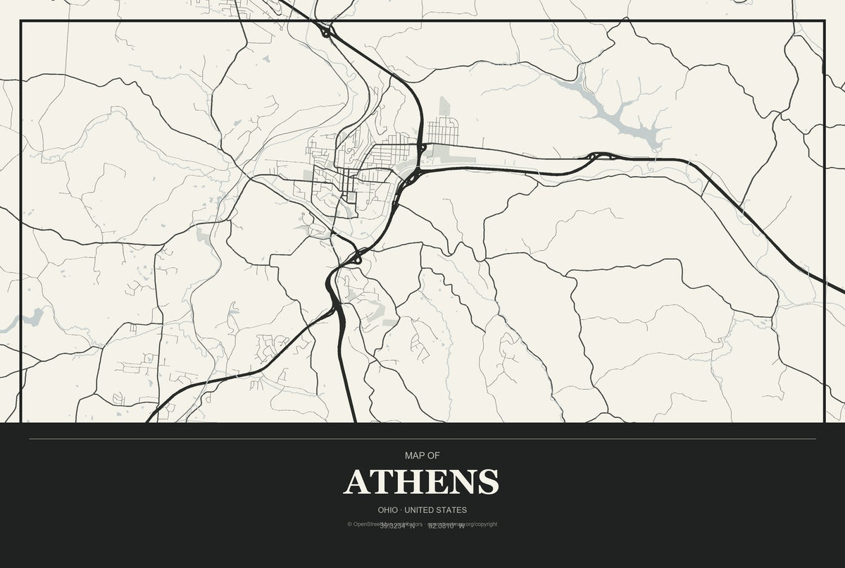Athens, Ohio City Map Aluminum Sign in Museum Plaque style