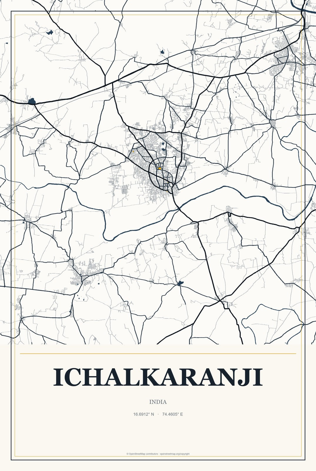 Ichalkaranji, India City Map Aluminum Sign in Citrine Modern style