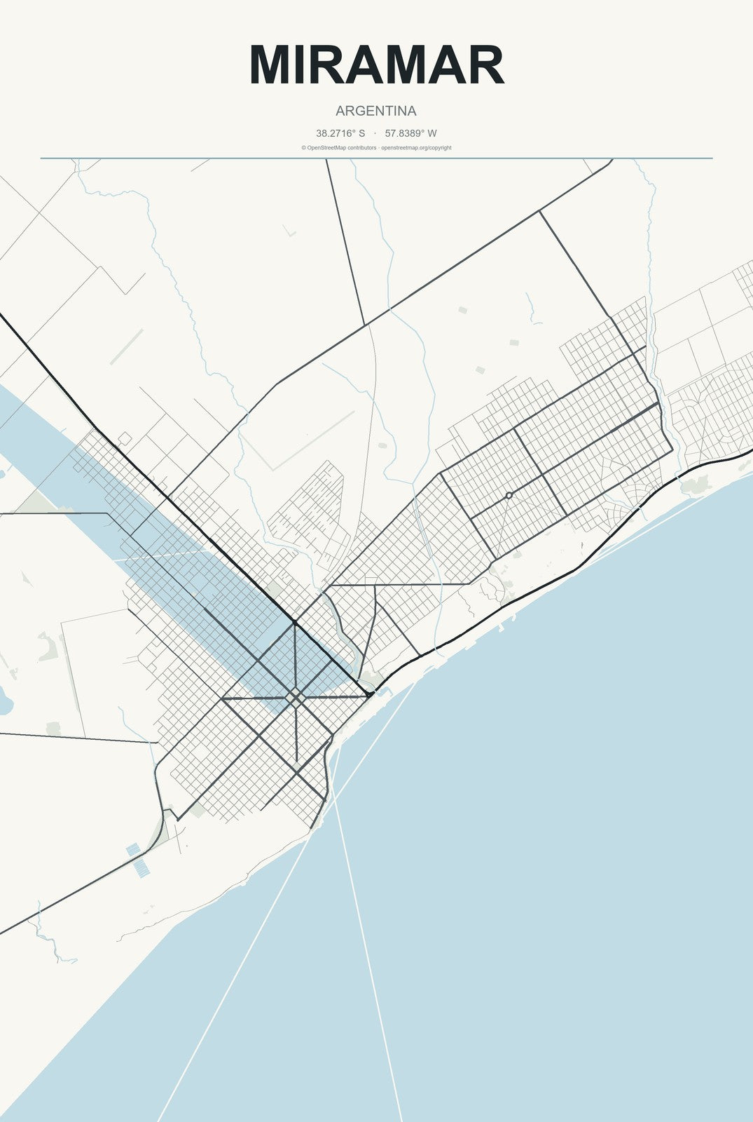 Miramar, Argentina City Map Aluminum Sign in Headline Atlas style