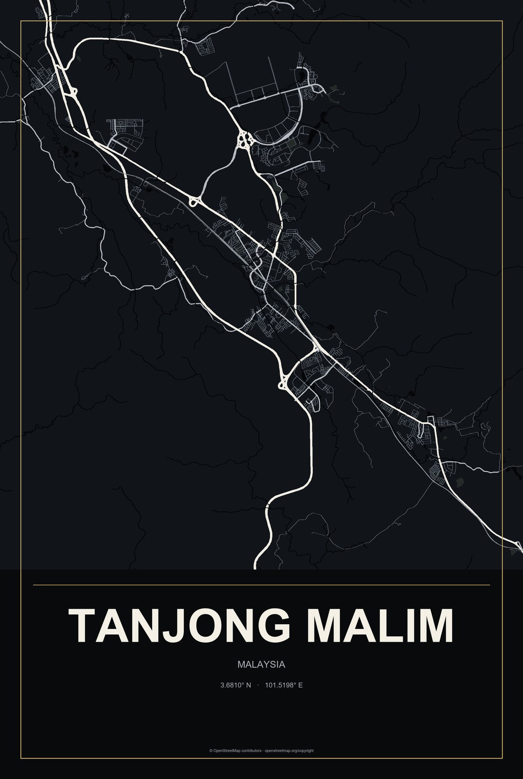 Tanjong Malim, Malaysia City Map Aluminum Sign in Metropolitan Noir style