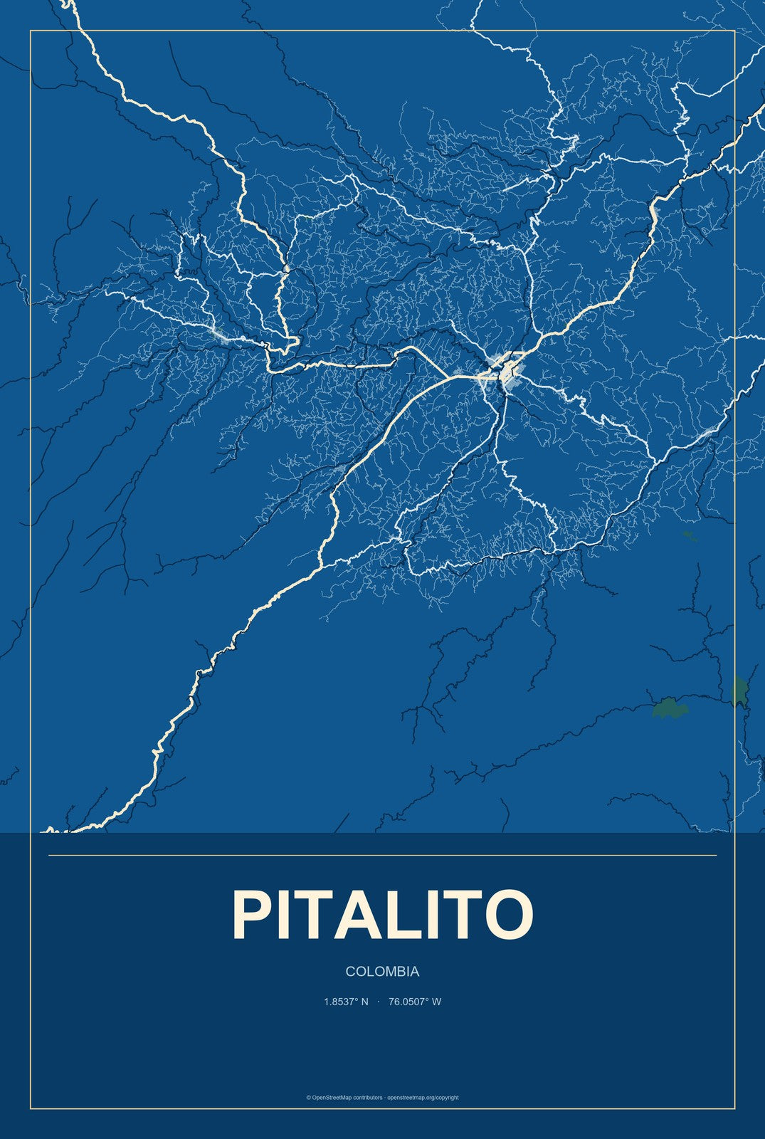 Pitalito, Colombia City Map Aluminum Sign in Harbor Cobalt style