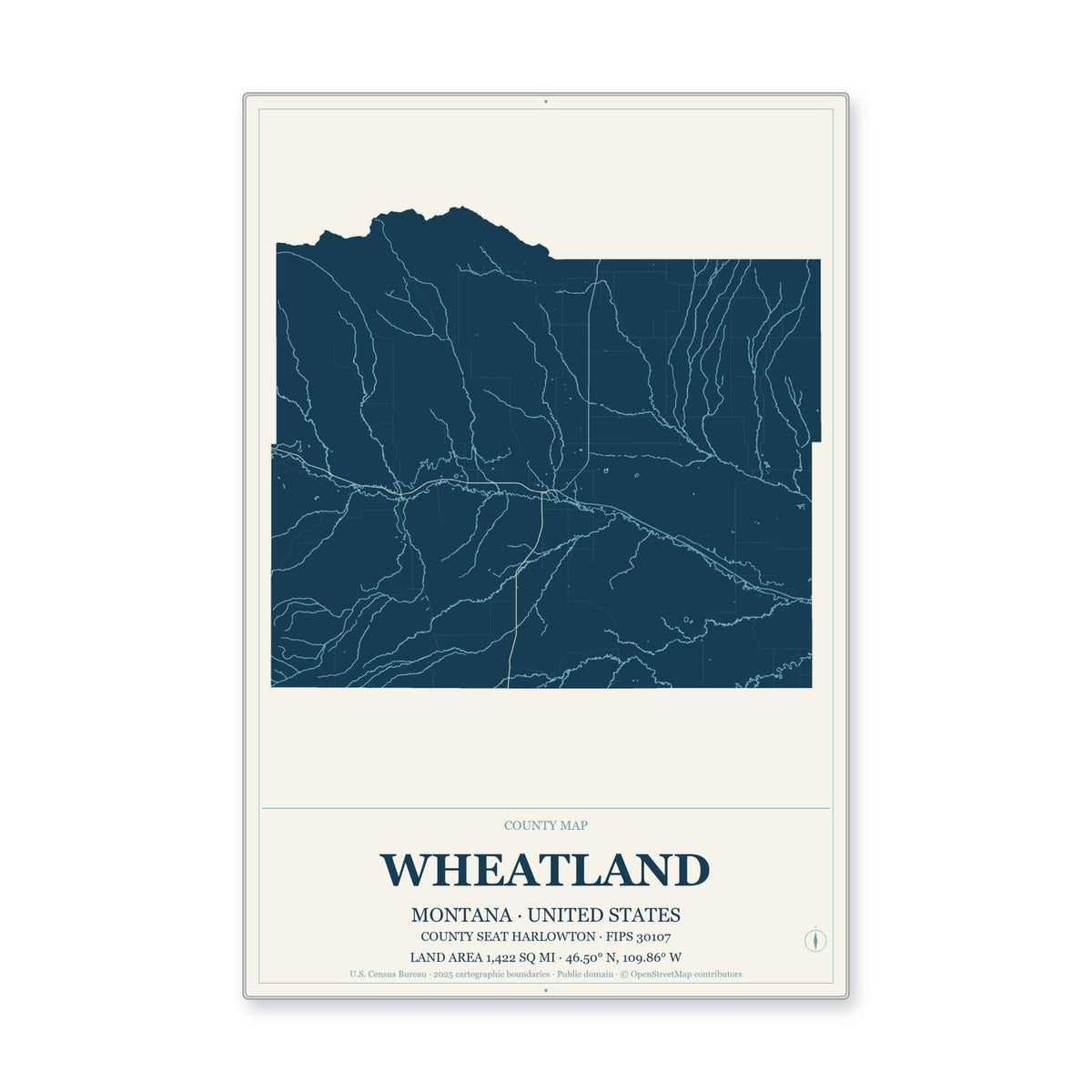 Wheatland County, Montana Map Aluminum Sign in Coastal Cutout style
