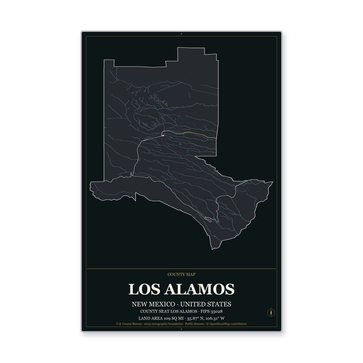 Los Alamos County, New Mexico Map Aluminum Sign in Metropolitan Noir style