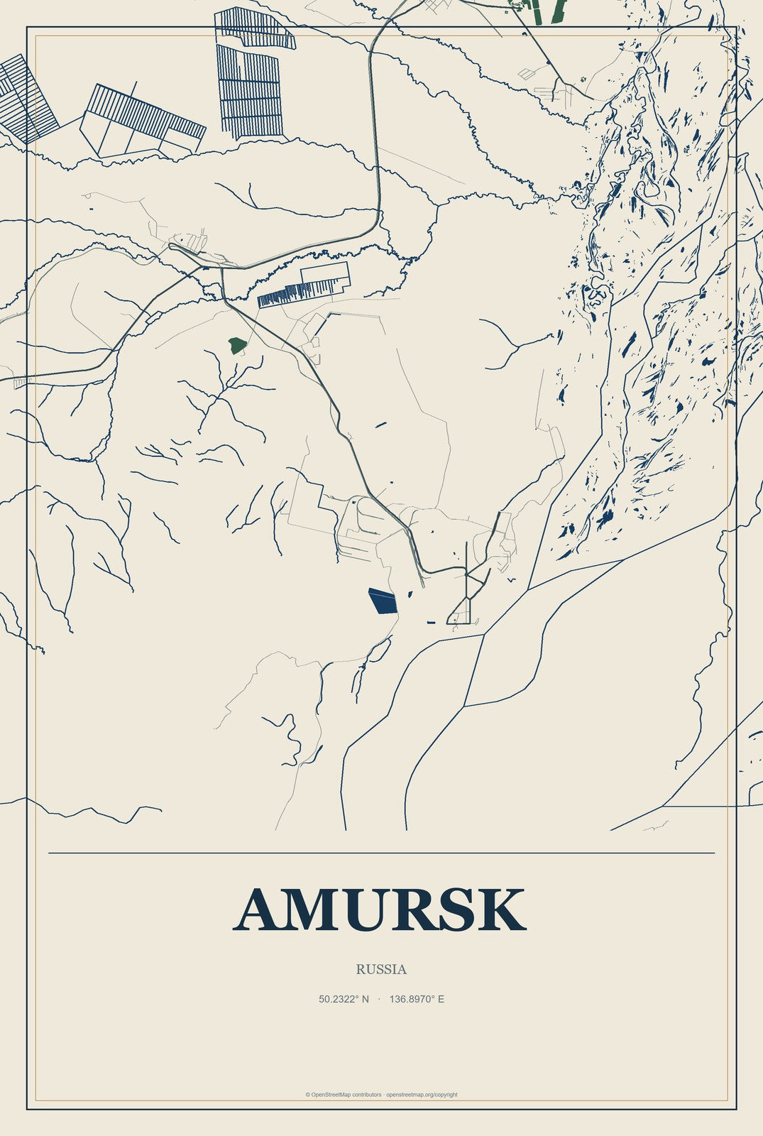 Amursk, Russia City Map Aluminum Sign in Coastal Cutout style