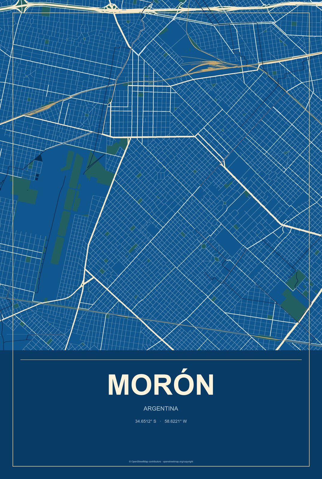 Morón, Argentina City Map Aluminum Sign in Harbor Cobalt style