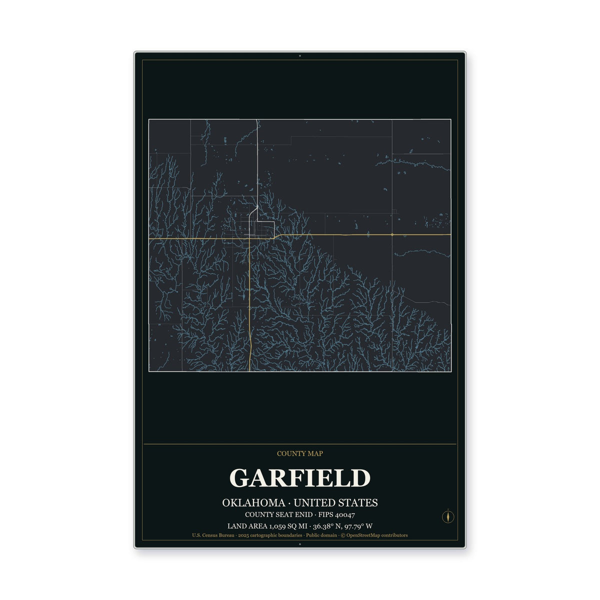 Garfield County, Oklahoma Map Aluminum Sign in Metropolitan Noir style