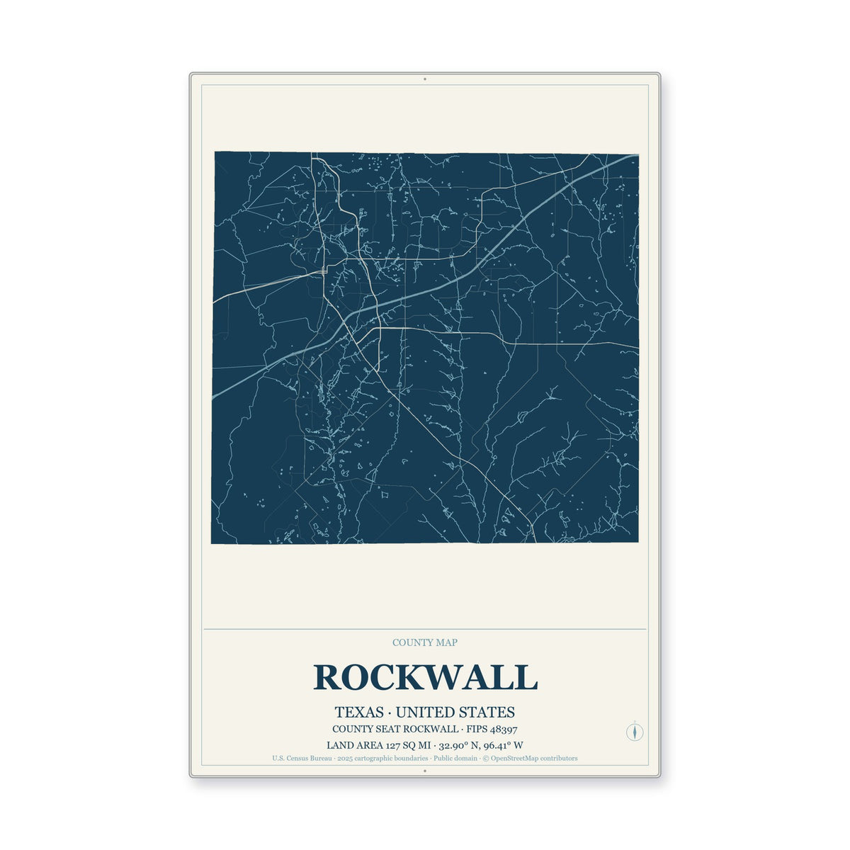 Rockwall County, Texas Map Aluminum Sign in Coastal Cutout style