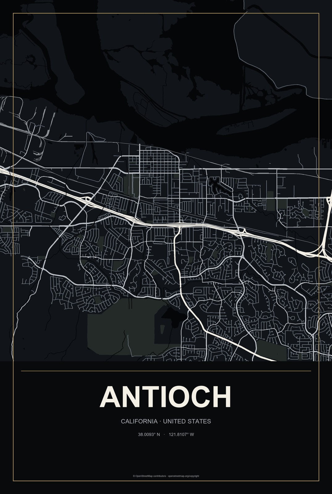 Antioch, California City Map Aluminum Sign in Metropolitan Noir style