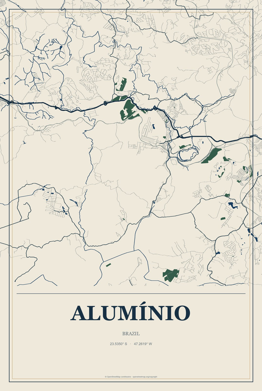 Alumínio, Brazil City Map Aluminum Sign in Coastal Cutout style