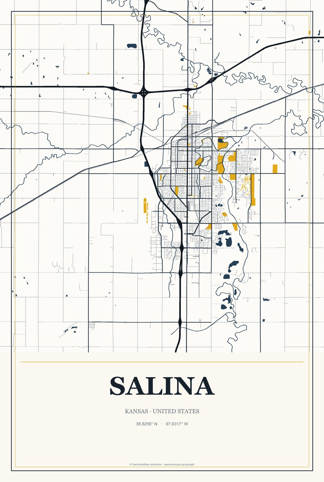 Salina, Kansas City Map Aluminum Sign in Citrine Modern style