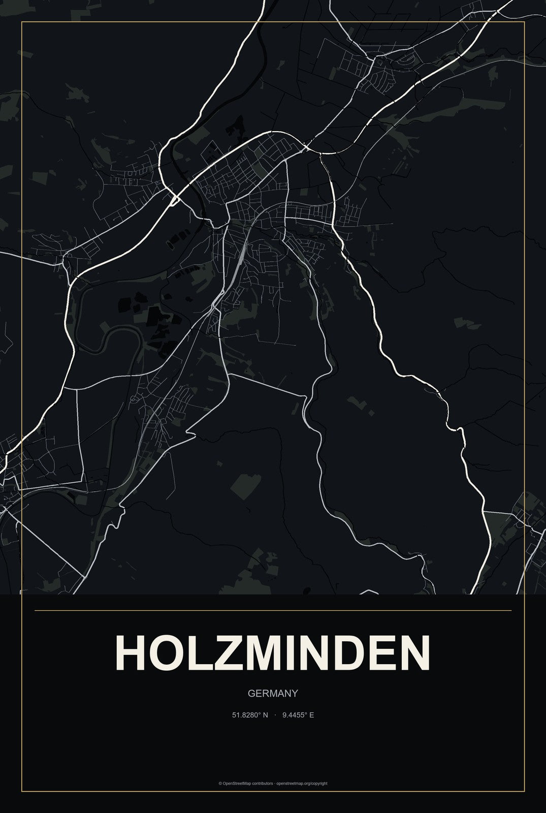 Holzminden, Germany City Map Aluminum Sign in Metropolitan Noir style
