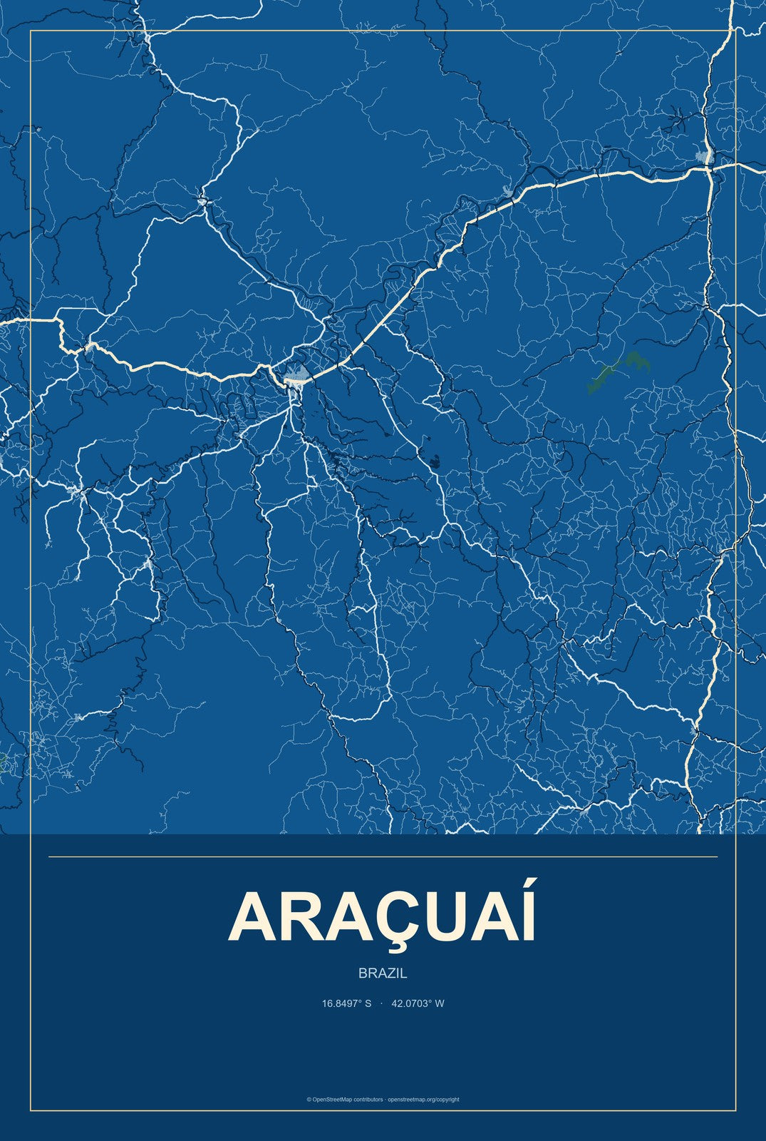 Araçuaí, Brazil City Map Aluminum Sign in Harbor Cobalt style