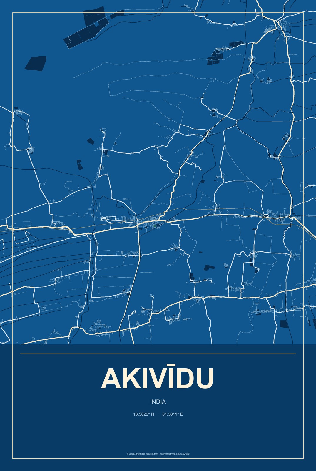 Akivīdu, India City Map Aluminum Sign in Harbor Cobalt style