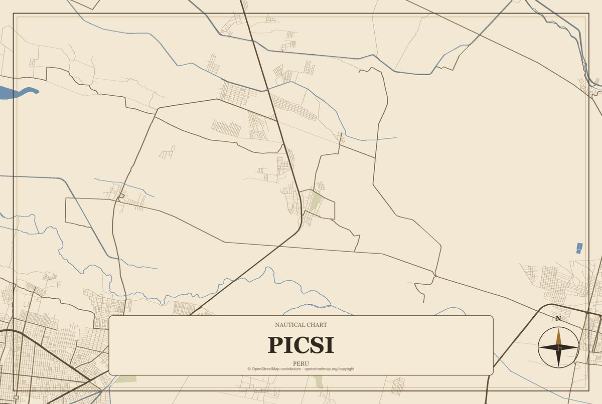 Picsi, Peru City Map Aluminum Sign in Heritage Nautical style