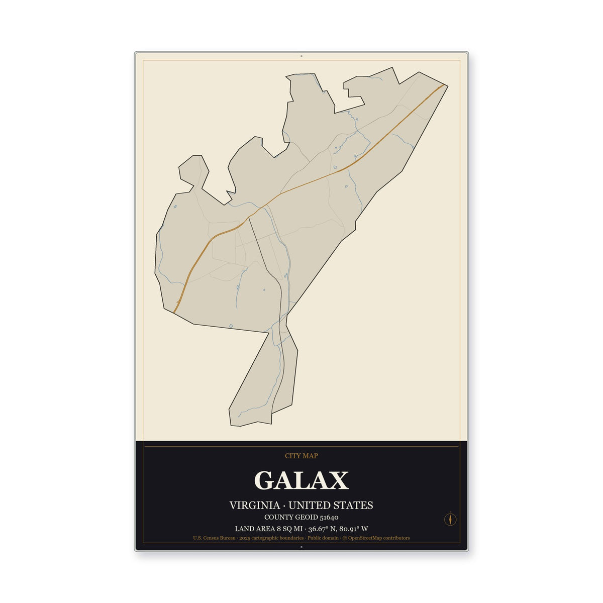 Galax city, Virginia Map Aluminum Sign in Museum Plaque style