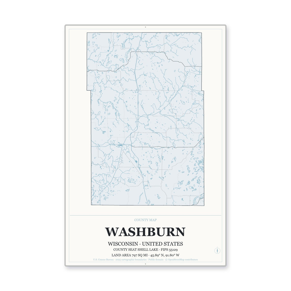 Washburn County, Wisconsin Map Aluminum Sign in Gallery Air style