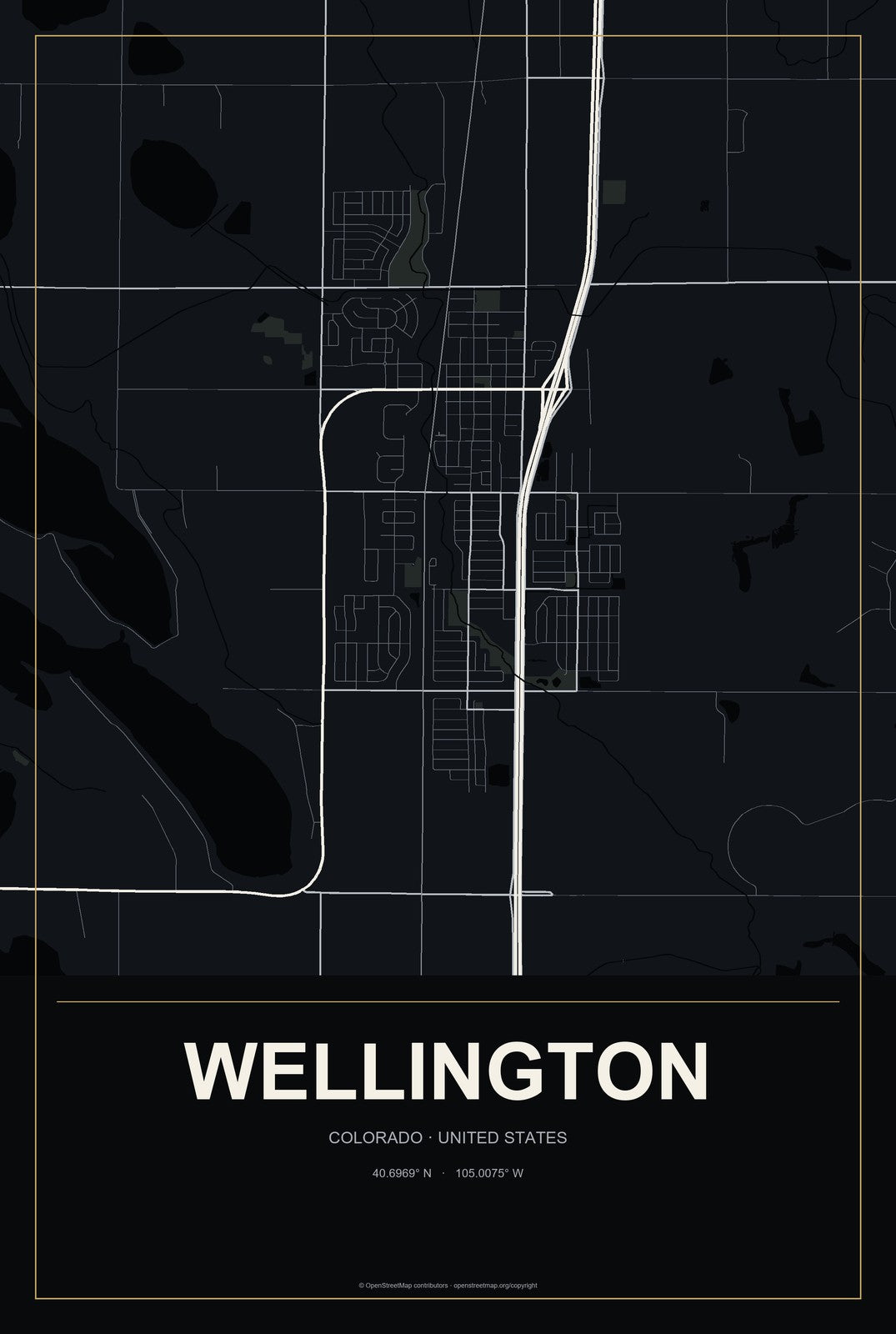 Wellington, Colorado City Map Aluminum Sign in Metropolitan Noir style