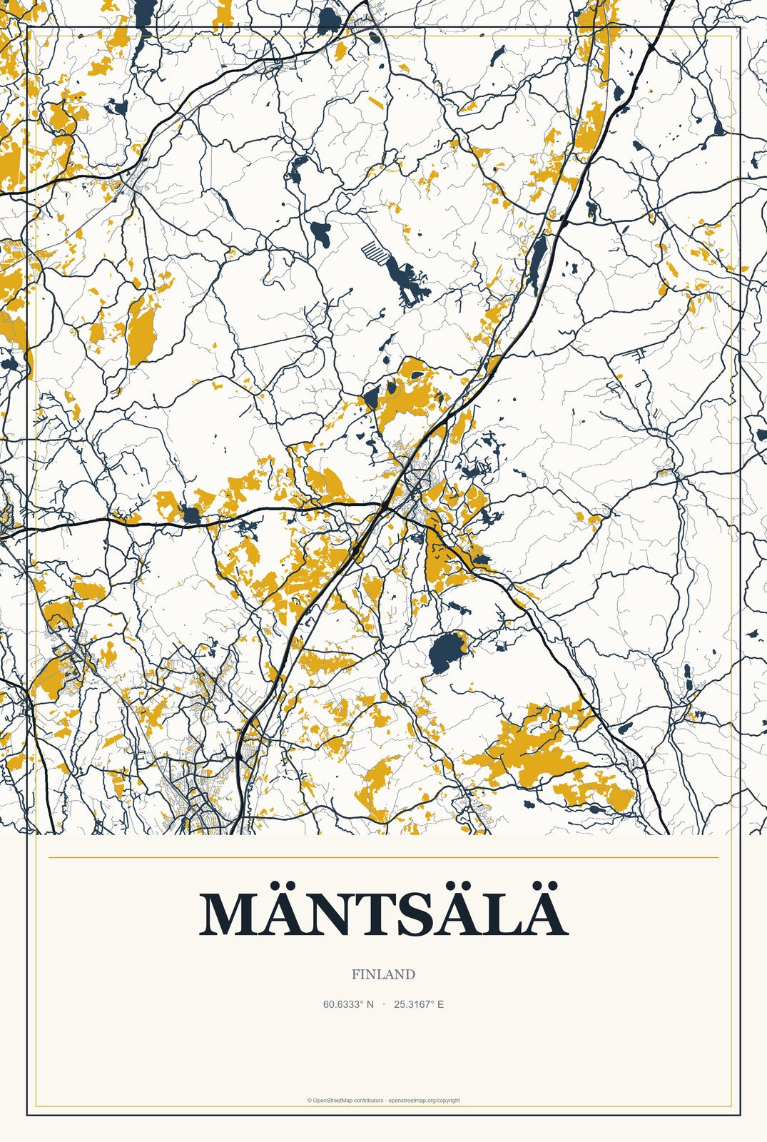Mäntsälä, Finland City Map Aluminum Sign in Citrine Modern style