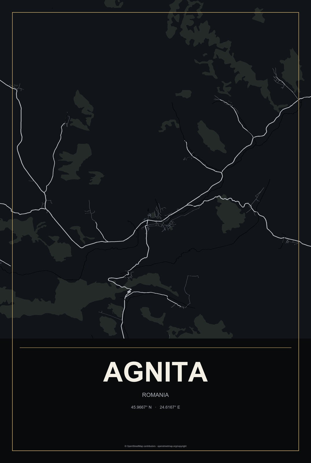 Agnita, Romania City Map Aluminum Sign in Metropolitan Noir style