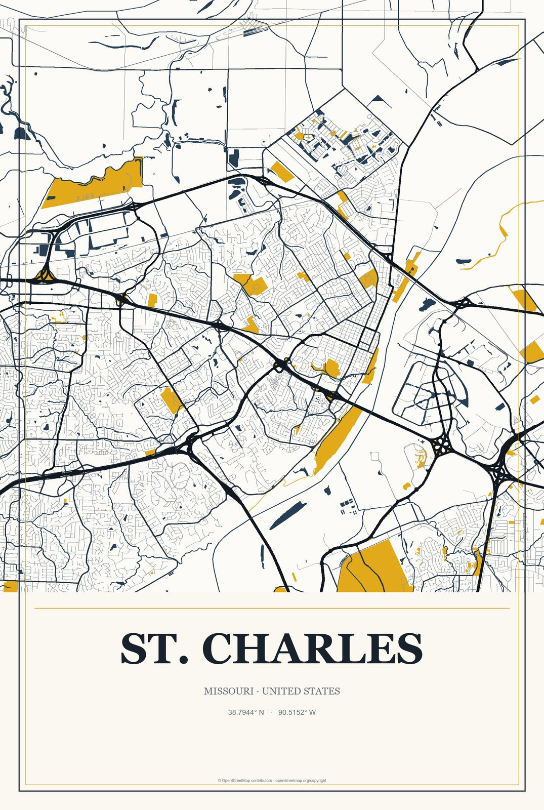 St. Charles, Missouri City Map Aluminum Sign in Citrine Modern style