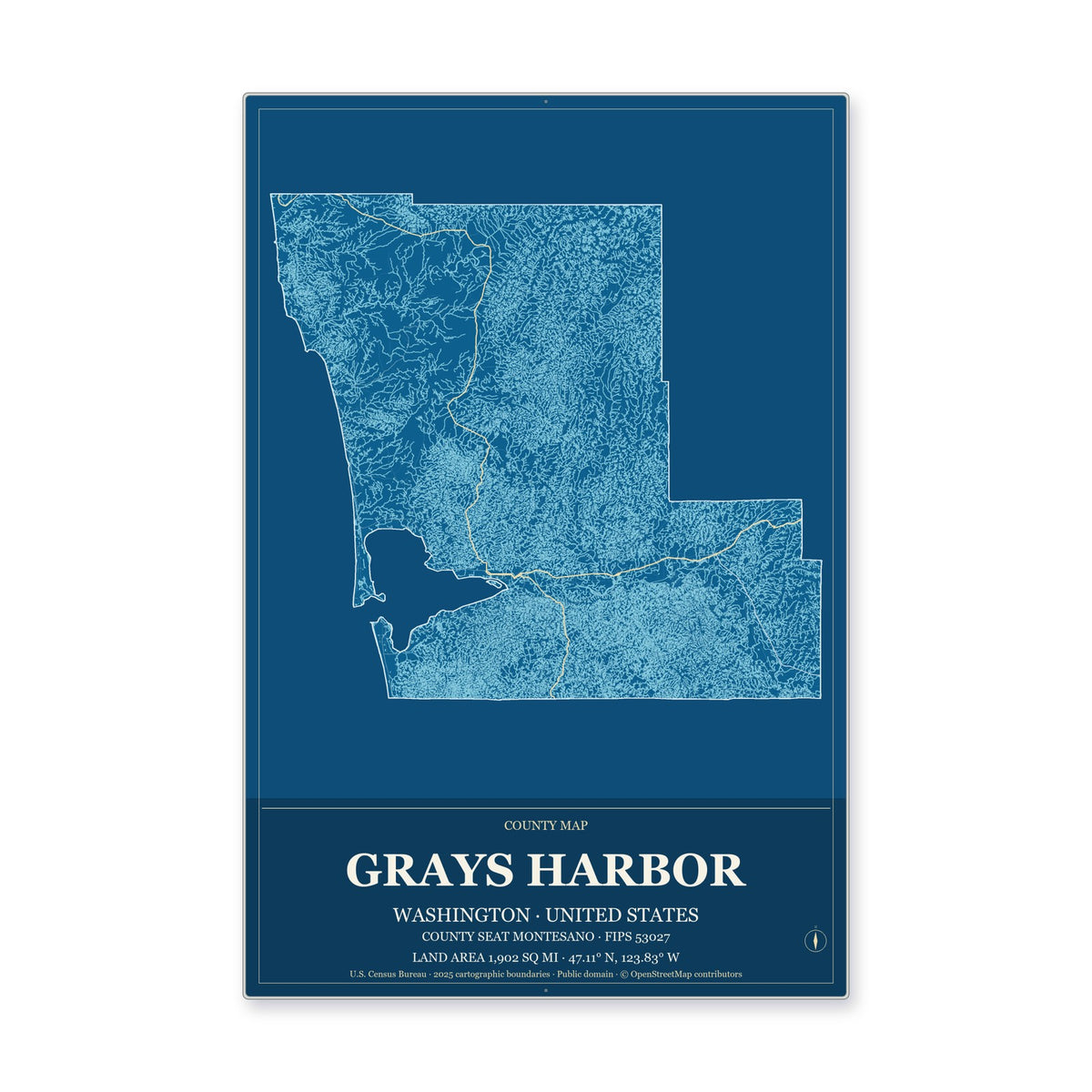 Grays Harbor County, Washington Map Aluminum Sign in Harbor Cobalt style