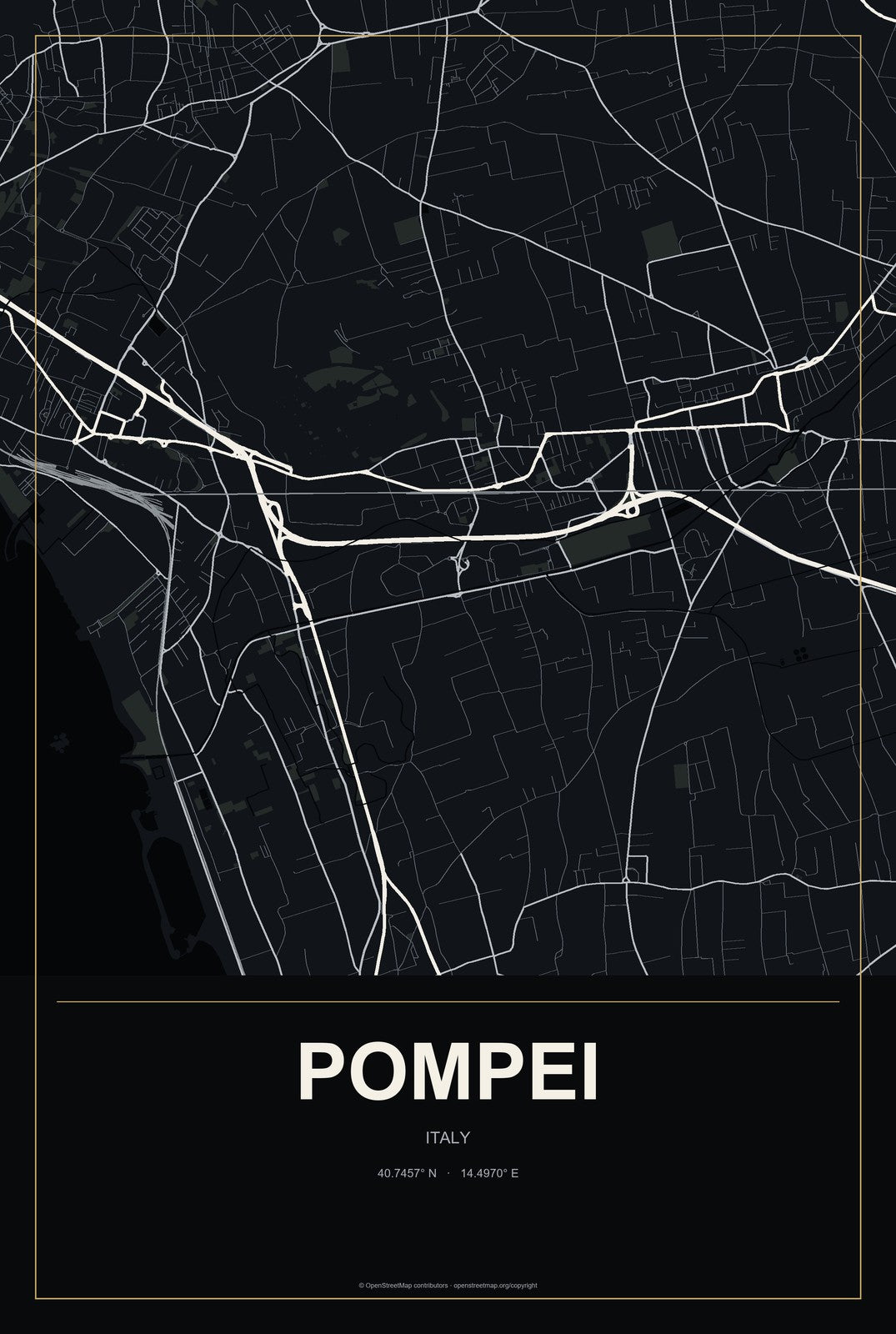 Pompei, Italy City Map Aluminum Sign in Metropolitan Noir style
