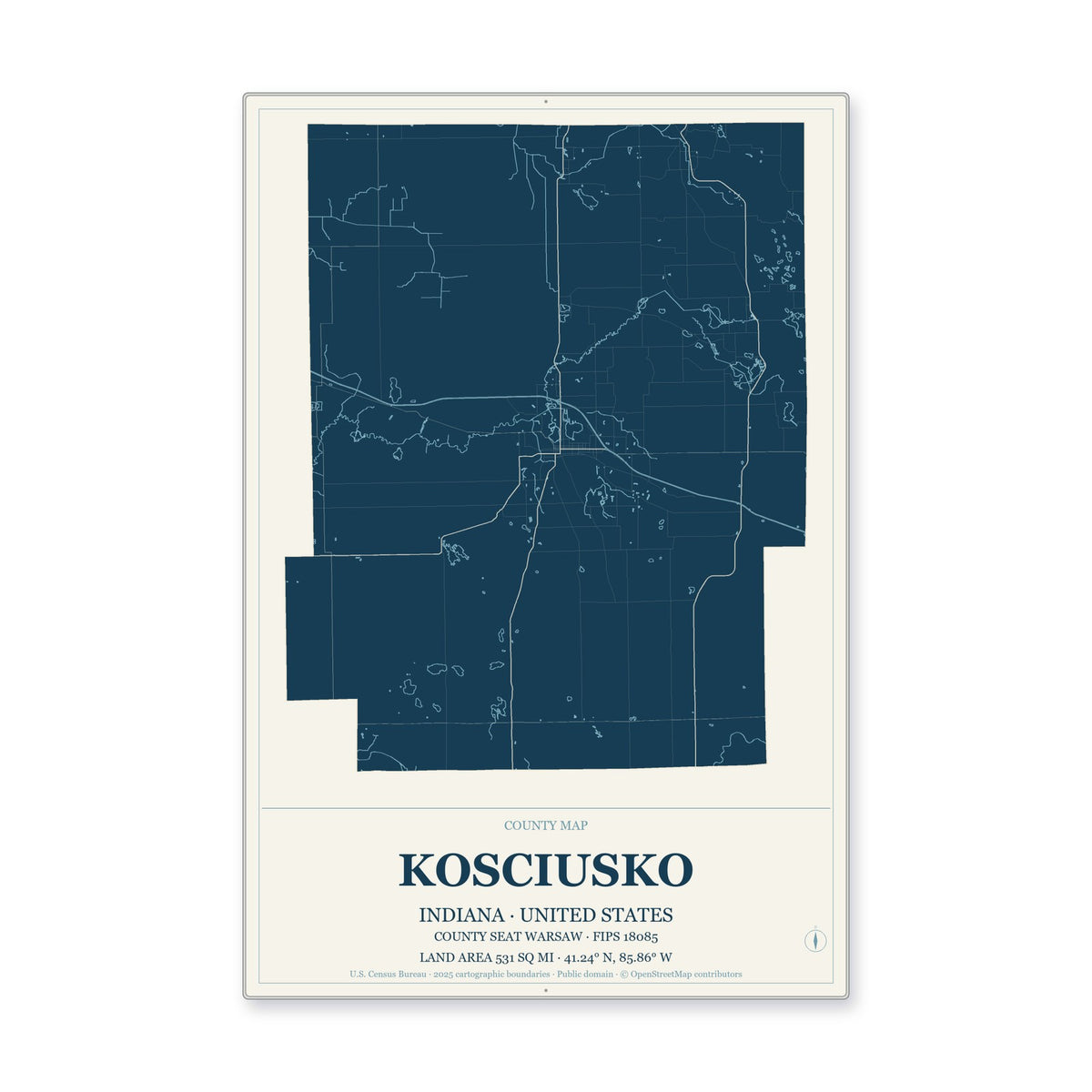 Kosciusko County, Indiana Map Aluminum Sign in Coastal Cutout style