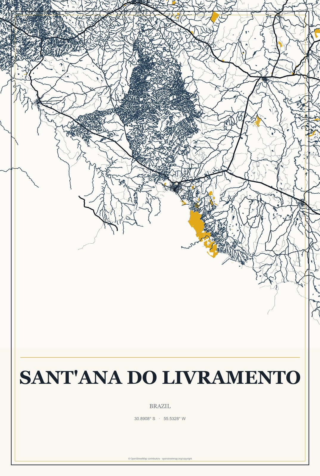 Sant'Ana do Livramento, Brazil City Map Aluminum Sign in Citrine Modern style